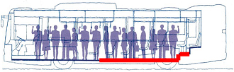 The inside of a fully flat floor bus as seen from the side