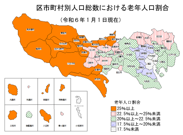 区市町村別人口総数における老年人口割合の図